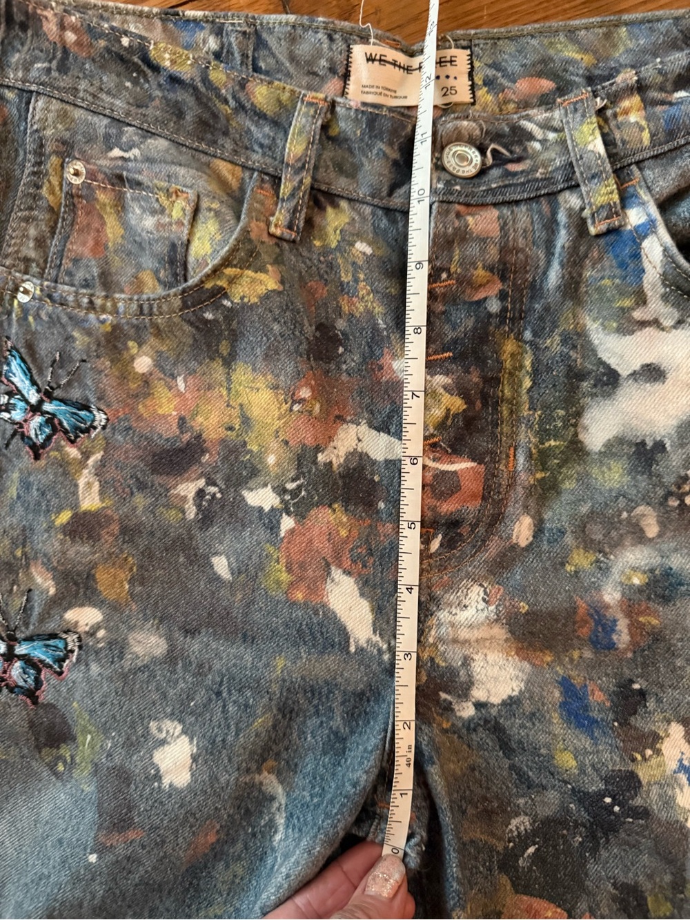 Free People Blue Paint-Splatter Wide-Leg Jeans with Butterfly Motif - Picture 9 of 15